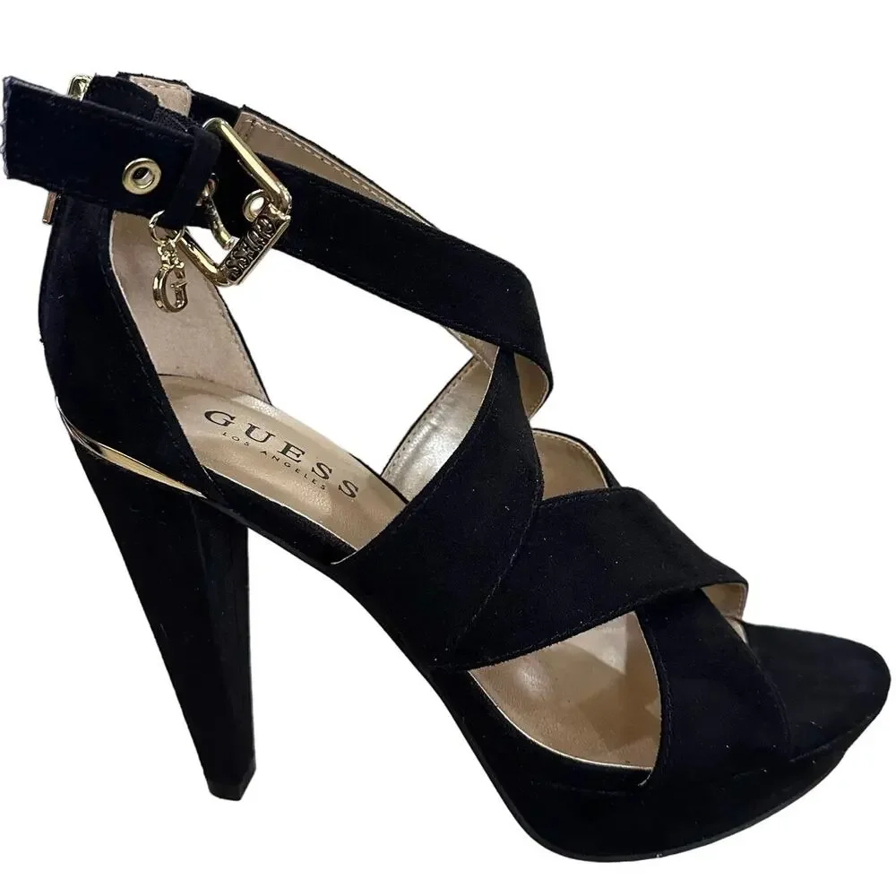 Guess strappy‎ sandal block chunky heels   Criss cross  size 6.5 suede leather